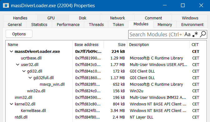 System Informer showing CET enabled modules