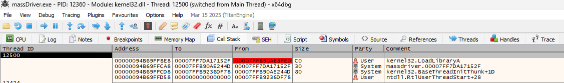 x64dbg LoadLibraryA call stack PoC
