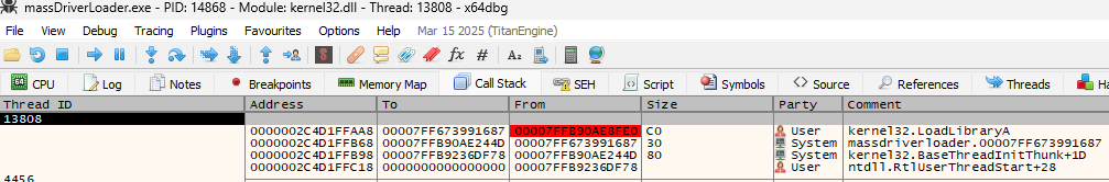 x64dbg LoadLibraryA call stack with Beacon